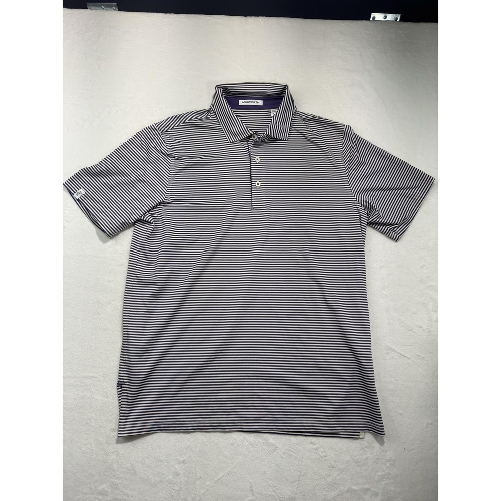 Ashworth Polo Shirt Mens Large Blue Striped Golf Performance Short Sleeve